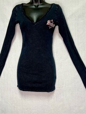 Y2K Sinful By Affliction Angel Wings Ribbed Thermal Mini Dress Goth Grunge Top L